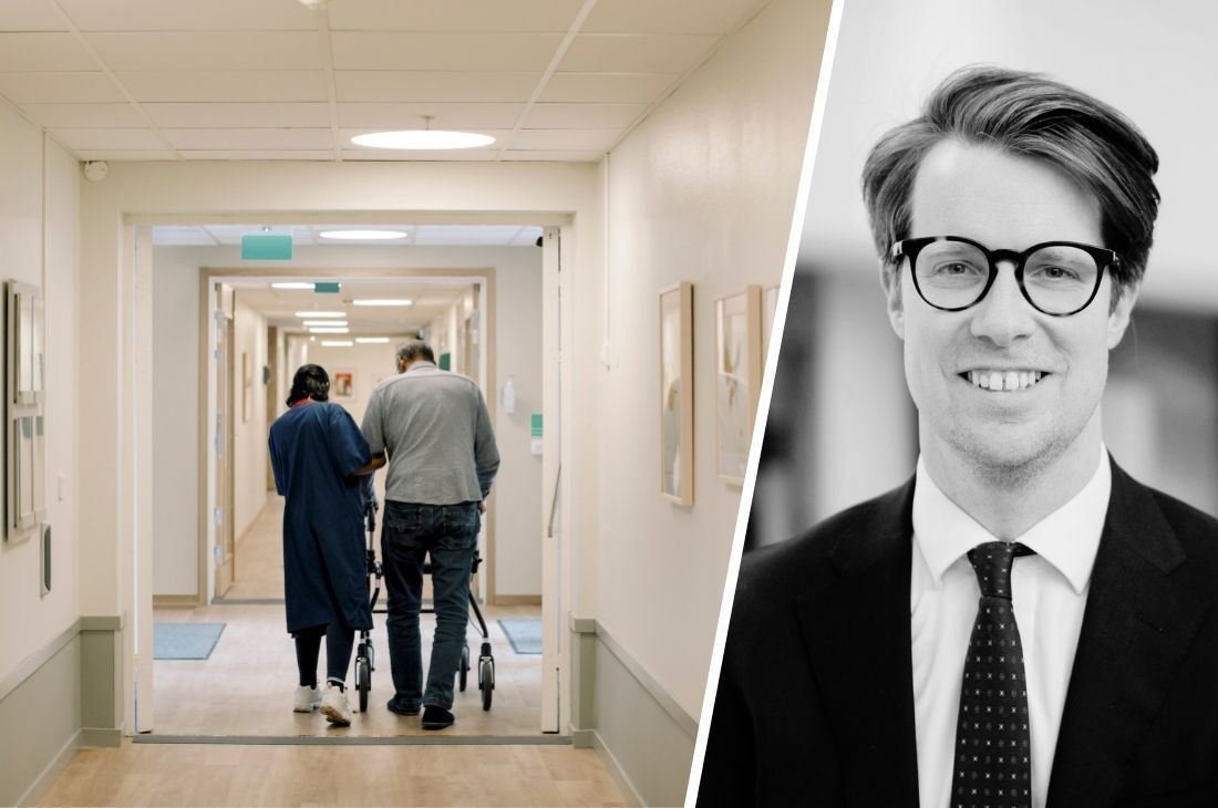 Porträttbild på Gustaf Drougge, VD för tankesmedjan Synaps och en bild på en äldre person som får hjälp att gå av en vårdare.