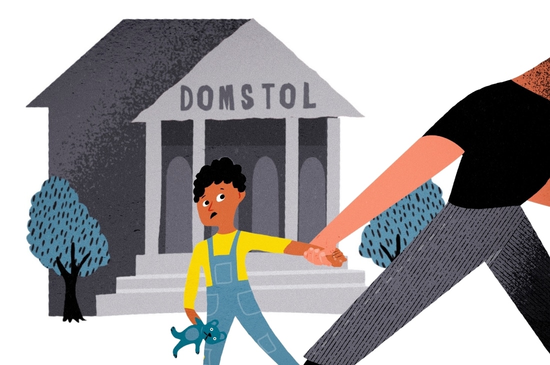 Illustration på ett barn utanför en domstol med pappa som drar.