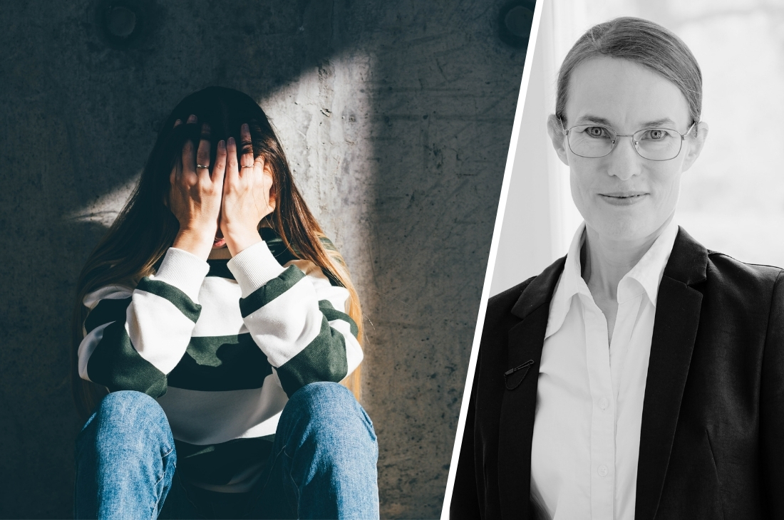 Porträttbild på Sofia von Malortie, enhetschef på Socialstyrelsen till höger om en bild som illustrerar en person med psykisk ohälsa.