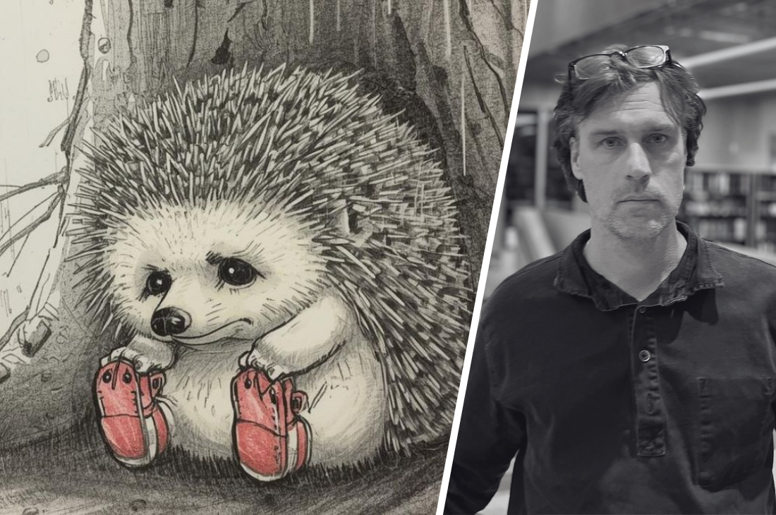 Porträttbild på Erik Rimsten bredvid en AI bild på en igelkott.