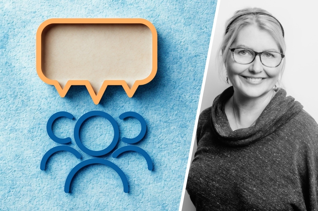 Poträtt på Katarina Grim bredvid en bild med pratbubbla.