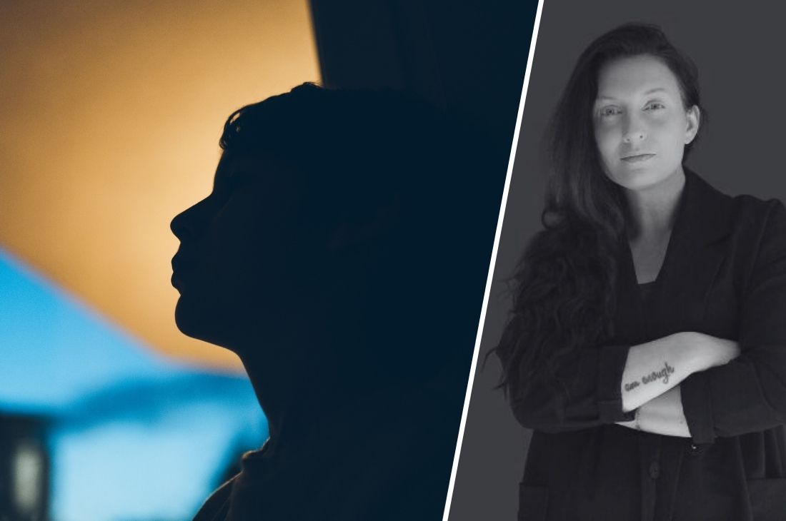 Porträttbild på Emma Nordstrand tillsammans med bild på en ungdom i profil.