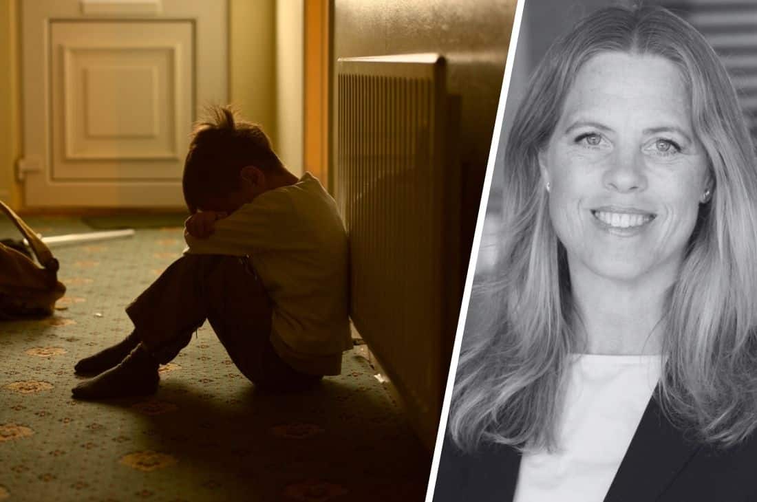 Porträtt på Birgitta Persdotter samt en bild på ett ledsamt barn.