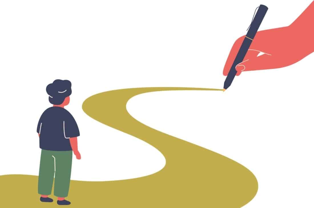 En illustration med ett barn som går på en väg som ritas framför honom för att illustrera en artikel om Barnrättsbyrån och hur de hjälpt ett barn.