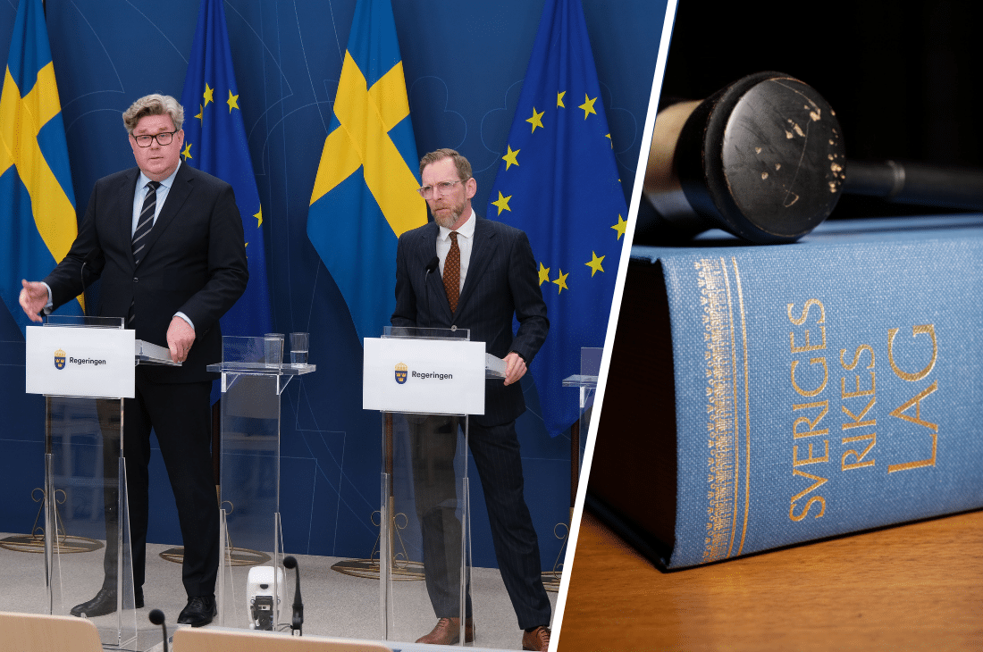 Bild på Sveriges lagbok tillsammans med en bild från en pressträff den 30 april där regeringen presenterade nya verktyg för att bryta rekryteringen av barn och unga in i gängen.