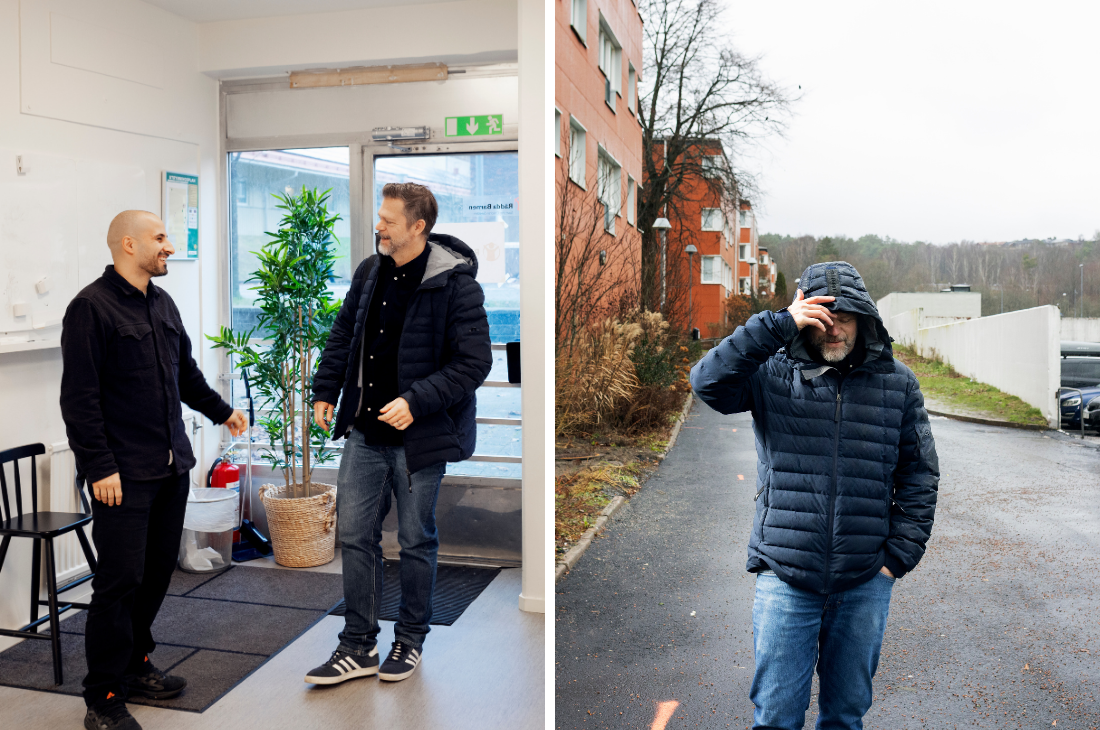 Andreas Wetterberg hälsar på kollega inomhus nära en entré; till höger går en han i jacka utomhus och håller i sin keps.