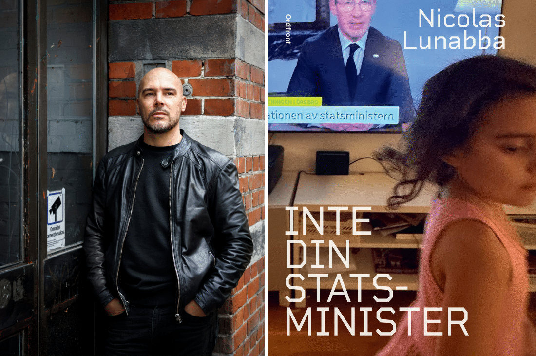 Porträtt på Nicolas Lunabba och bokomslag för hans nya bok Inte min statsminister.