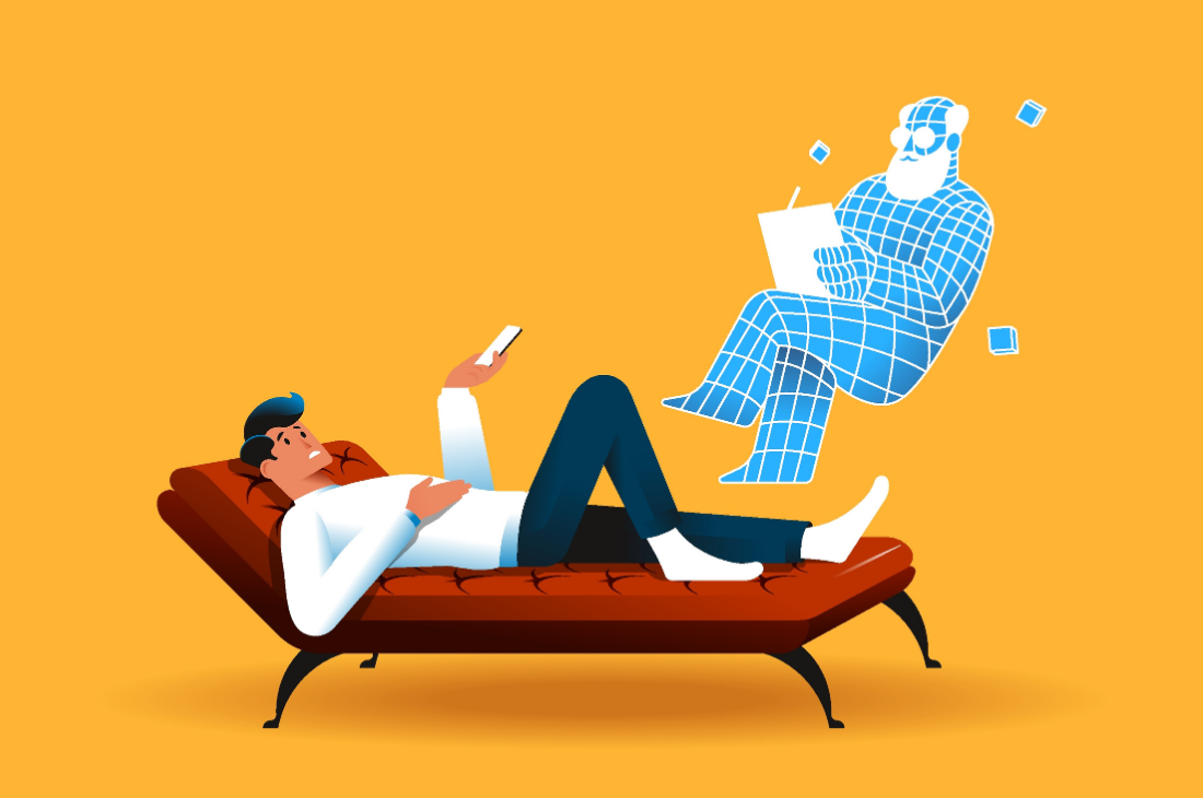 Illustration på en människa på en terapibädd med en hovrande ai terapeut.