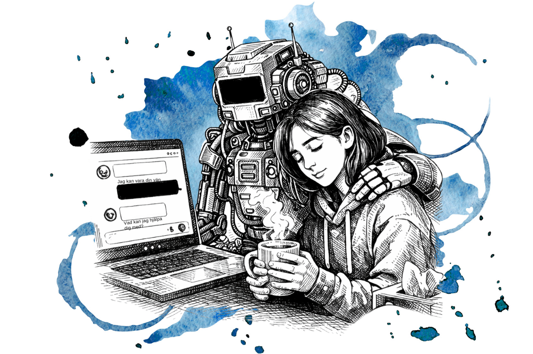 Chatbot som håller om en ung kvinna.