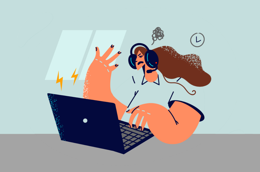 Illustration på en arg person vid en dator.