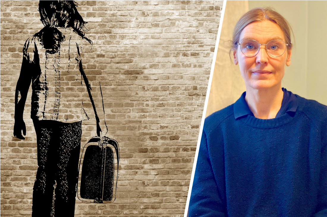 Porträtt på Åsa Flood Wikman med illustration på en flicka med resväska.