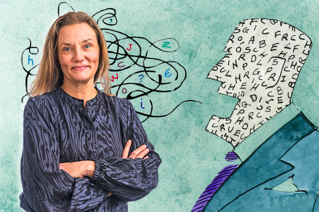 Chefredaktör Annika Sjöberg med en illustration på en pratande man i bakgrunden.