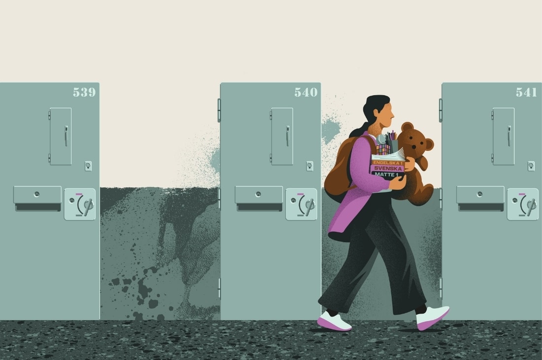 En illustration på ett barn med mjukisdjur och skolböcker på ett fängelse till artikeln om barn i svenska häkten.