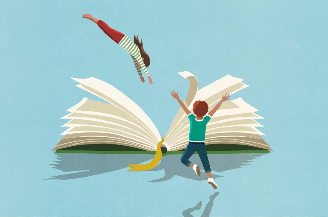 Illustration på ett barn som dyker ner i en bok till artikeln om socialtjänsten i Helsingborg som stöttar barnfamiljer med läsning för att klara skolgången bättre.