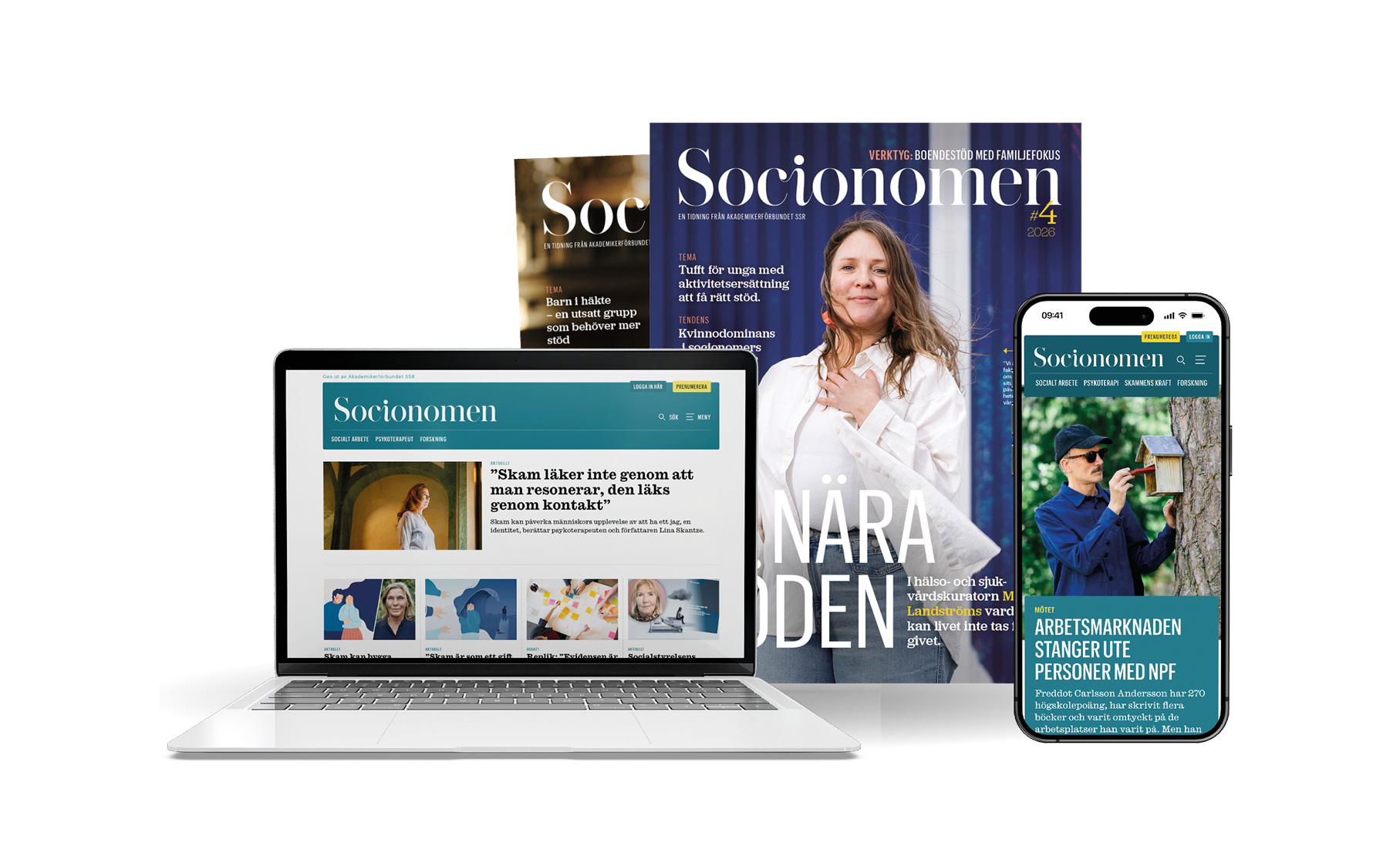 En montagebild på en laptop och en mobil med socionomen.se som visas på skärmarna. Två nummer av tidningen Socionomen syns i bakgrunden.