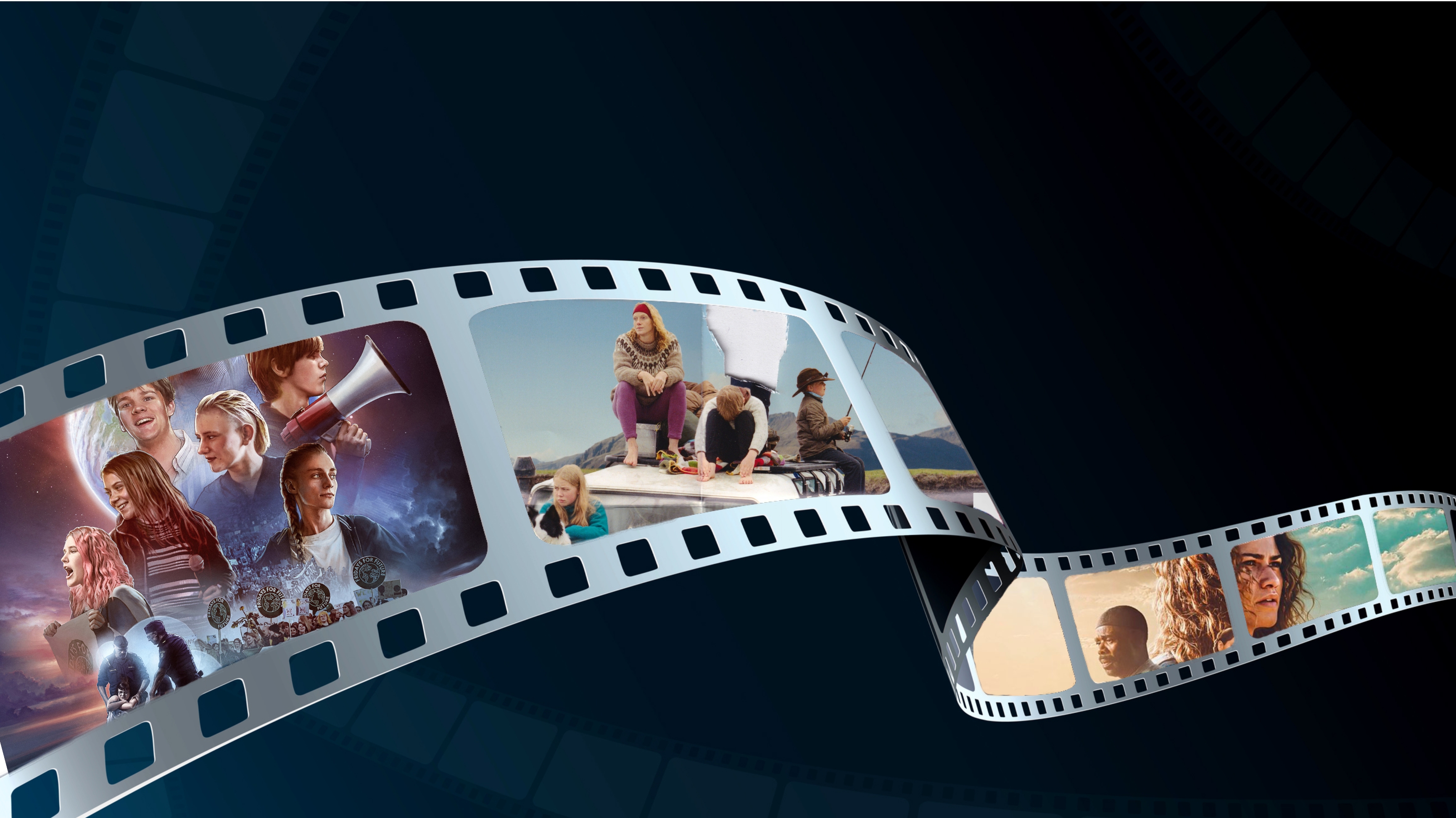 Filmaffischer inklippta på en filmremsa mot svart bakgrund.