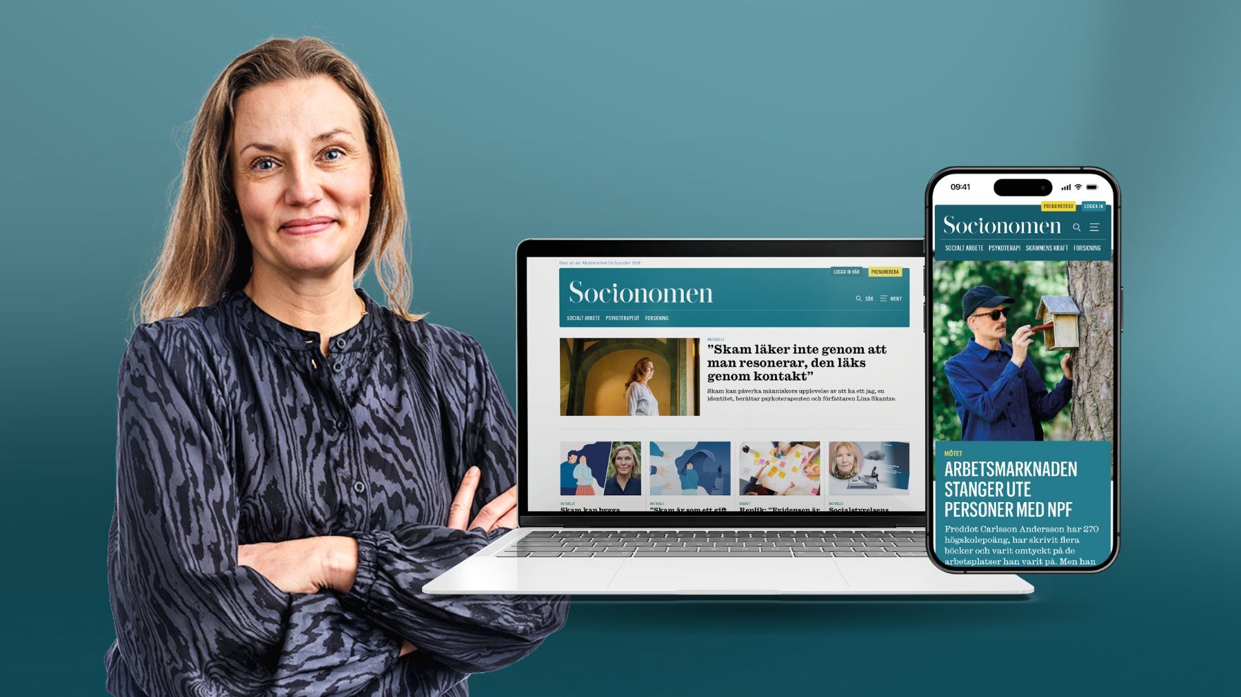 Chefredaktör och bilder på skärmar med Socionomens nya sajt.