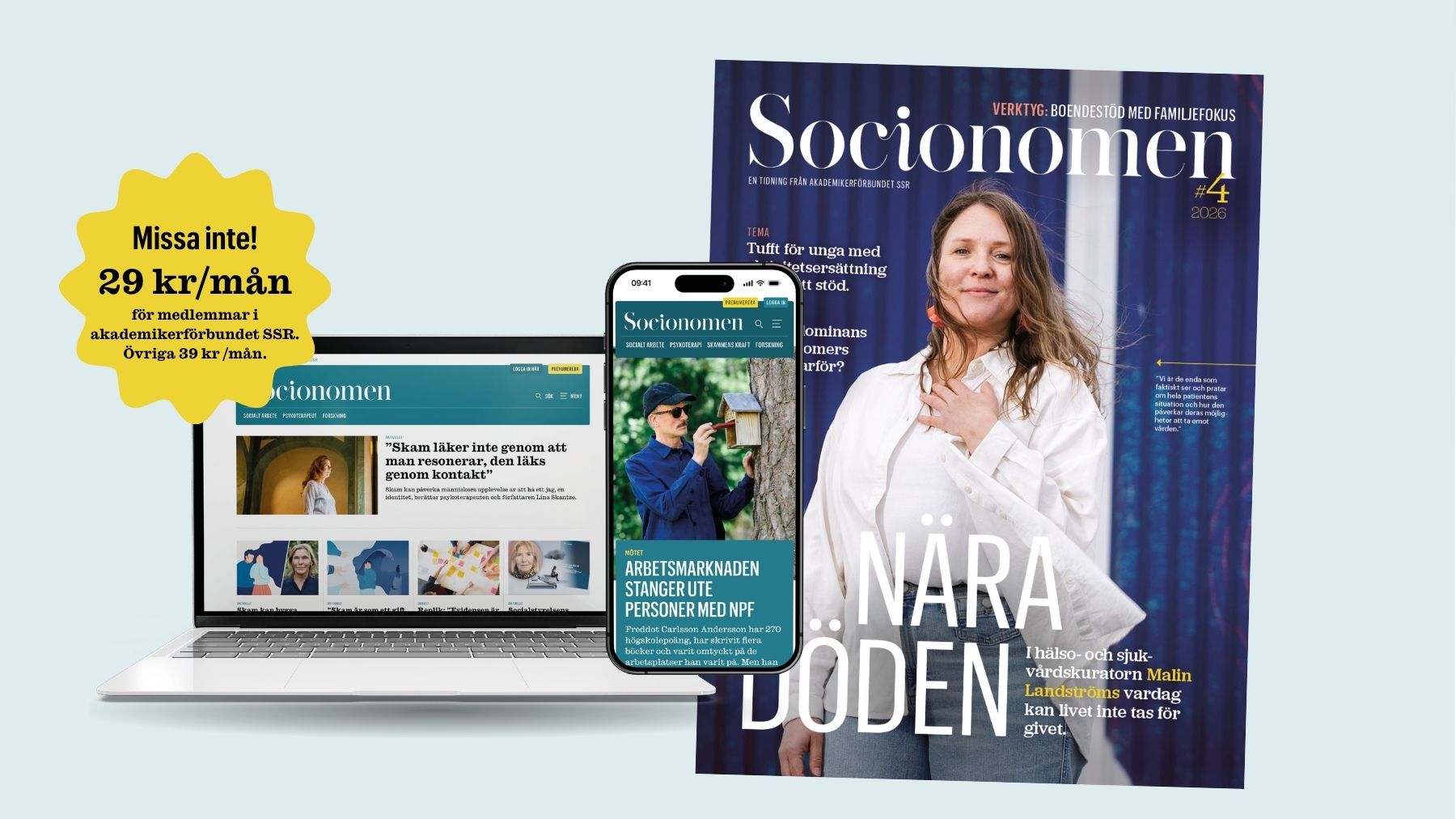 En bärbar dator, en smartphone och en tidskrift visar Socionomens omslag och webbplats samt en gul etikett om prenumeration för 29 kr/mån.