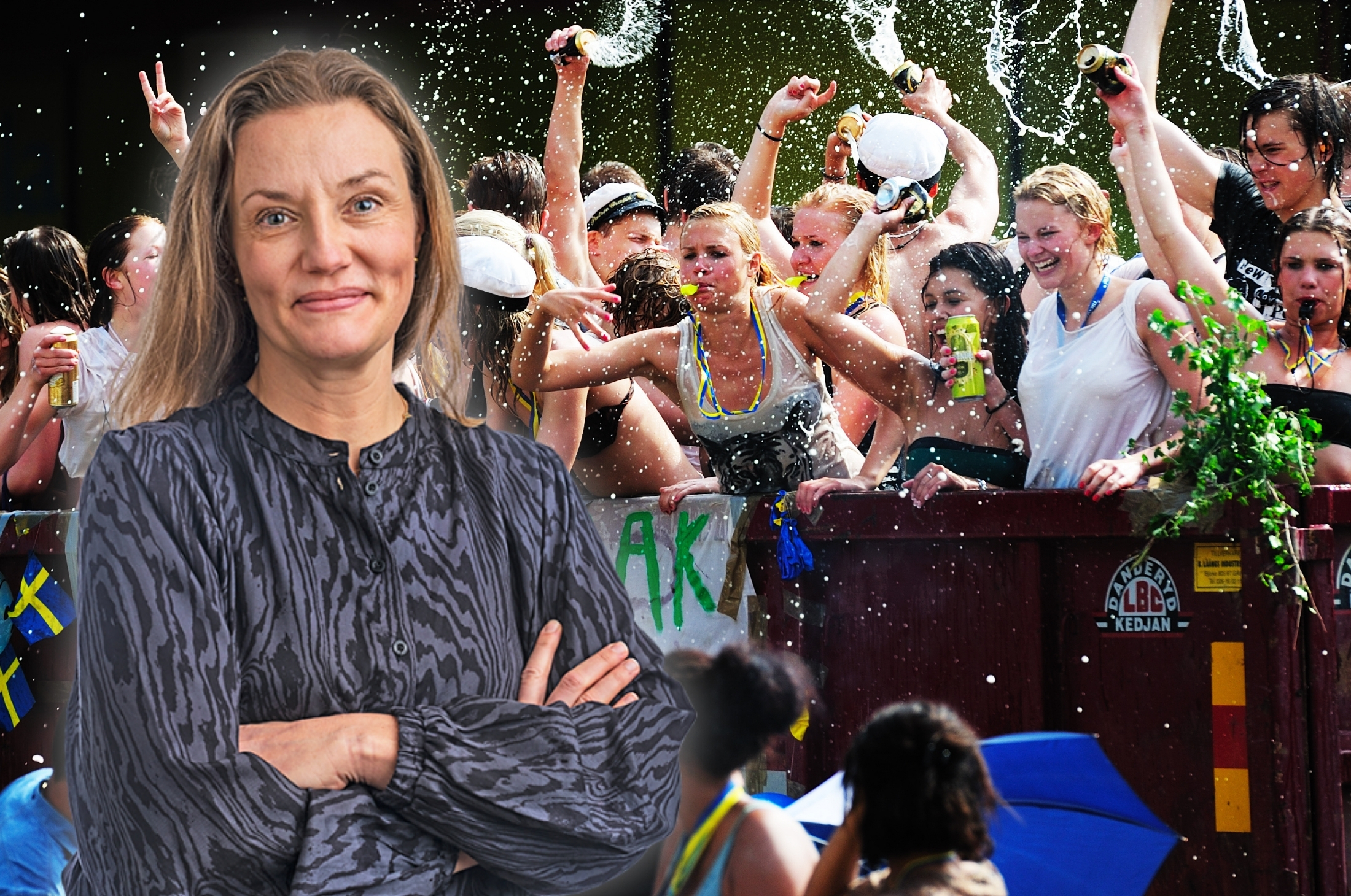 Annika Sjöberg med bakgrundsbild på studenter på ett studentflak.