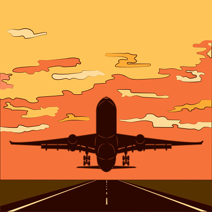 Illustration av ett flygplan som lyfter från en startbana vid solnedgång, med moln i himlen.
