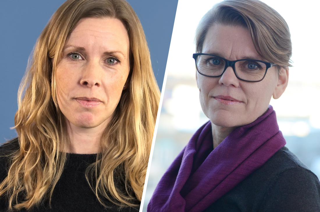Delad bild med Johanna Kumlin och Stina Hovmöller på Socialstyrelsen; Johanna till vänster med långt blont hår och neutral min, till höger Stina med kort hår, glasögon och lila sjal.