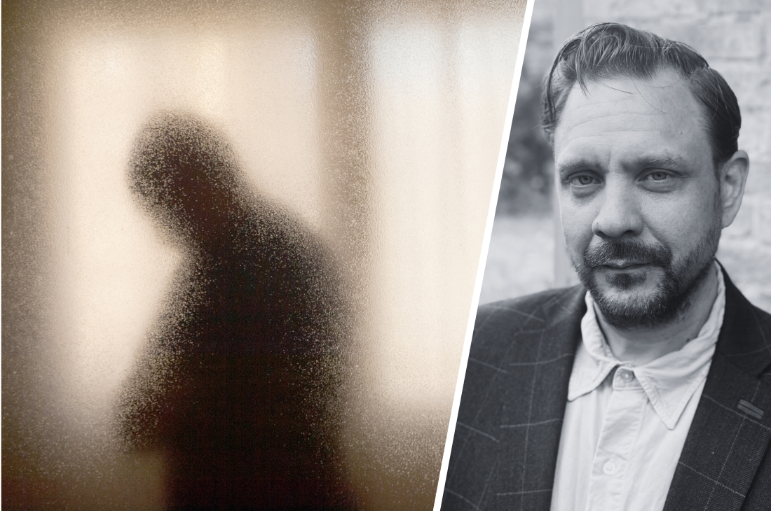 Bilden består av två delar: till vänster en silhuett bakom frostat glas, till höger Joakim Appell i kavaj som tittar mot kameran.