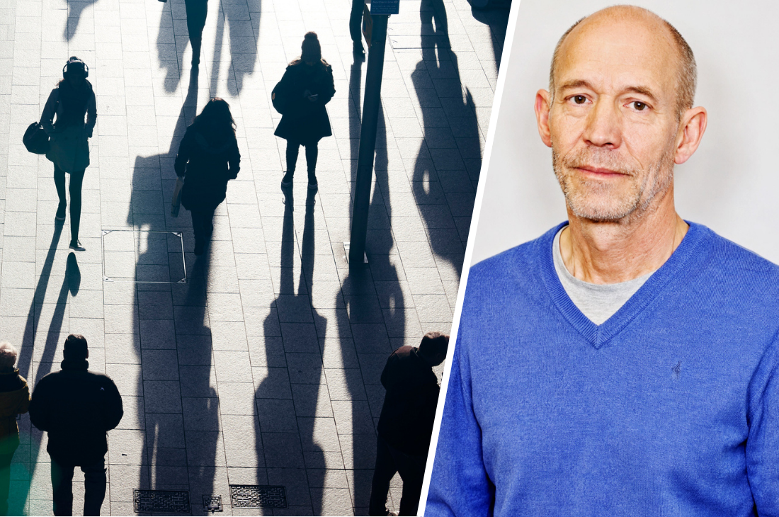 En bild i två delar med silhuetter av personer som går åt vänster och Nils Stenström i blå tröja mot en ljus bakgrund till höger.