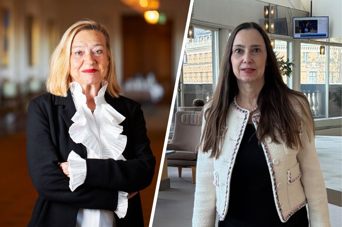 Karin Rågsjö och Boriana Åberg syns var för sig i arbetskläder; den ena står med armarna i kors inomhus, den andra står i ett rum med stora fönster och en TV i bakgrunden.