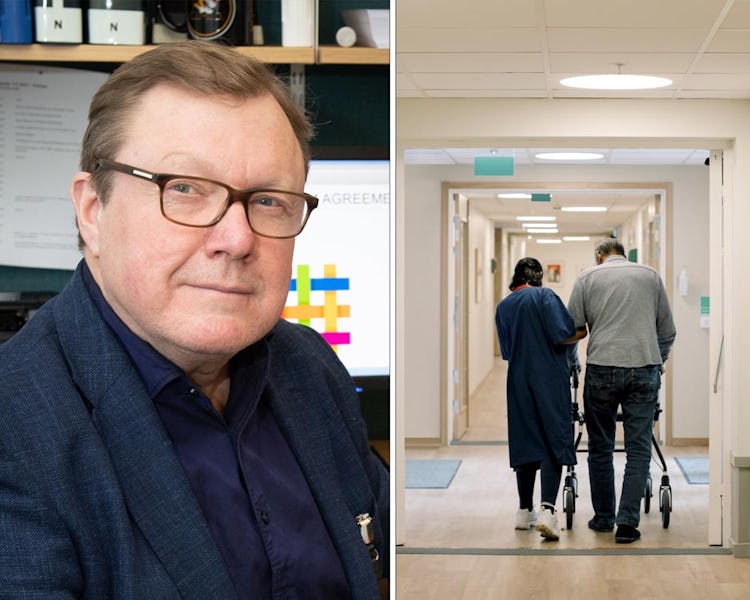 Till vänster sitter en person med glasögon i ett kontor. Till höger hjälper en vårdare en äldre person att gå ner för en korridor med hjälp av en rollator.