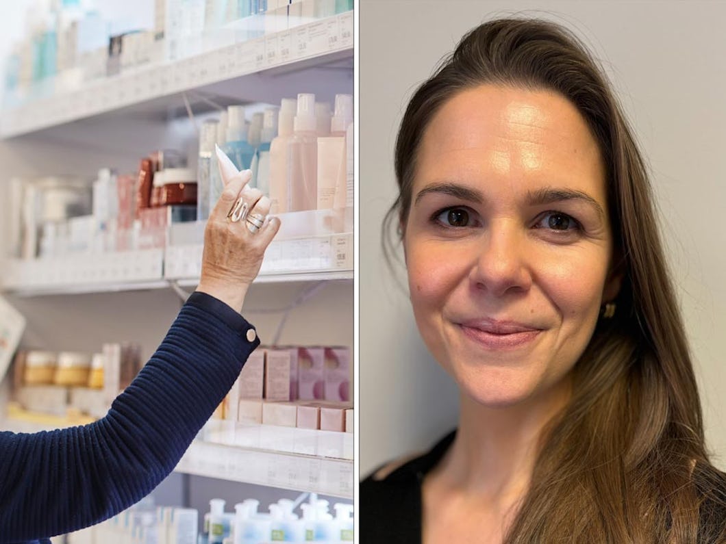 Till vänster: En person sträcker sig efter en hudvårdsprodukt på en butikshylla. Till höger: Alexandra Hoby.