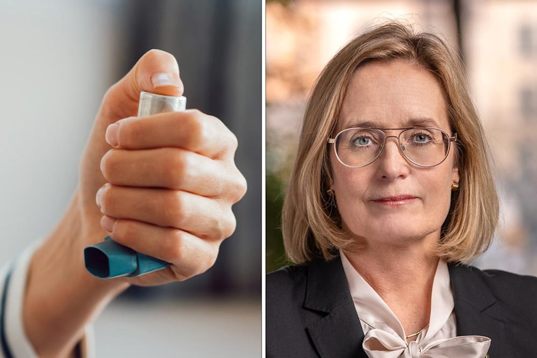 Bild på en hand som håller en inhalator bredvid ett porträtt av TLV:s generaldirektör Agneta Karlsson.