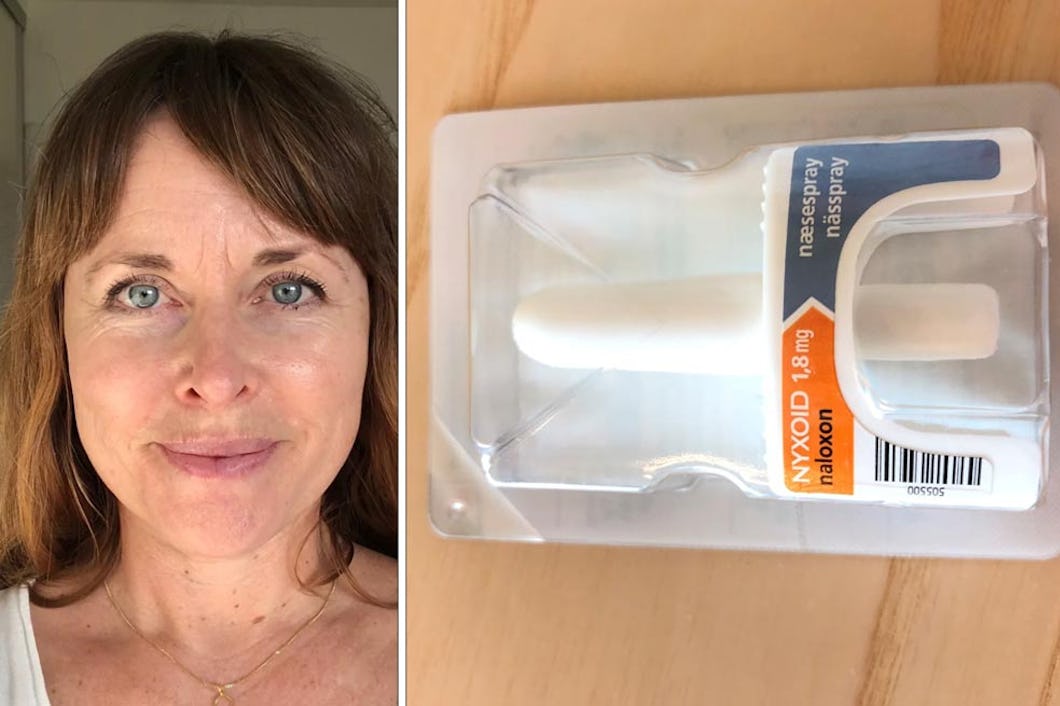Katja Troberg och ett paket med nässpray märkt "NYXOID naloxon."