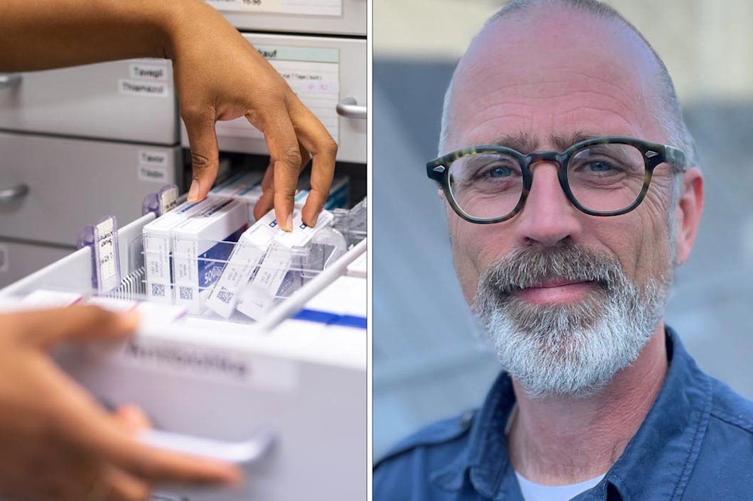 Vänster: Hand som sträcker sig efter medicin i en låda. Höger: Johan Wallér.