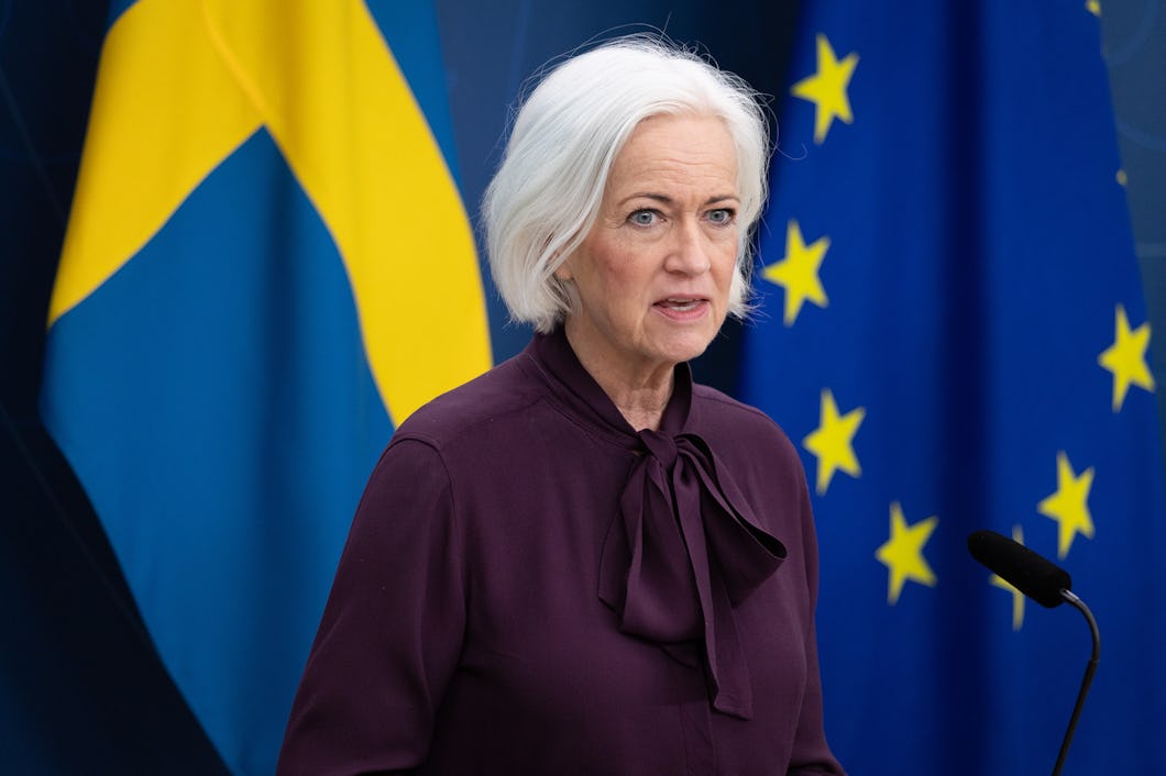 Acko Ankarberg Johansson talar vid en talarstol, med Sveriges och Europeiska unionens flaggor i bakgrunden.