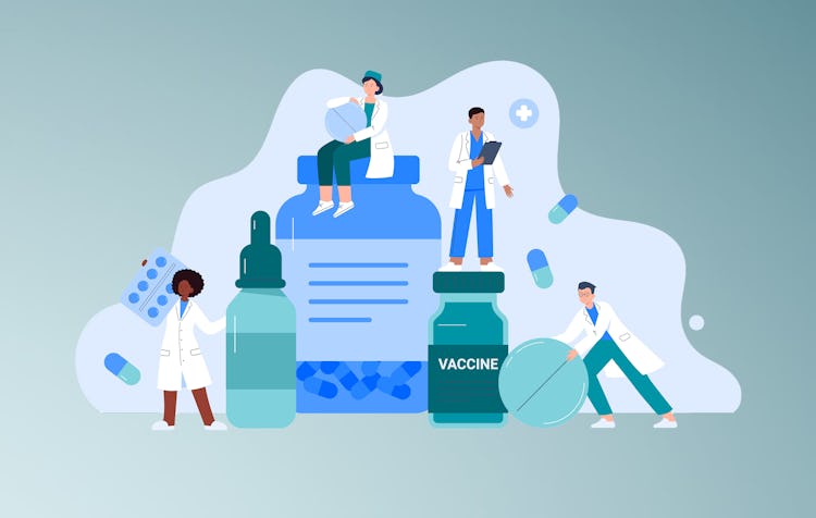 Illustration av fyra medicinska yrkespersoner står tillsammans framför stora medicinflaskor, en vaccinspruta, tabletter och kapslar i bakgrunden.