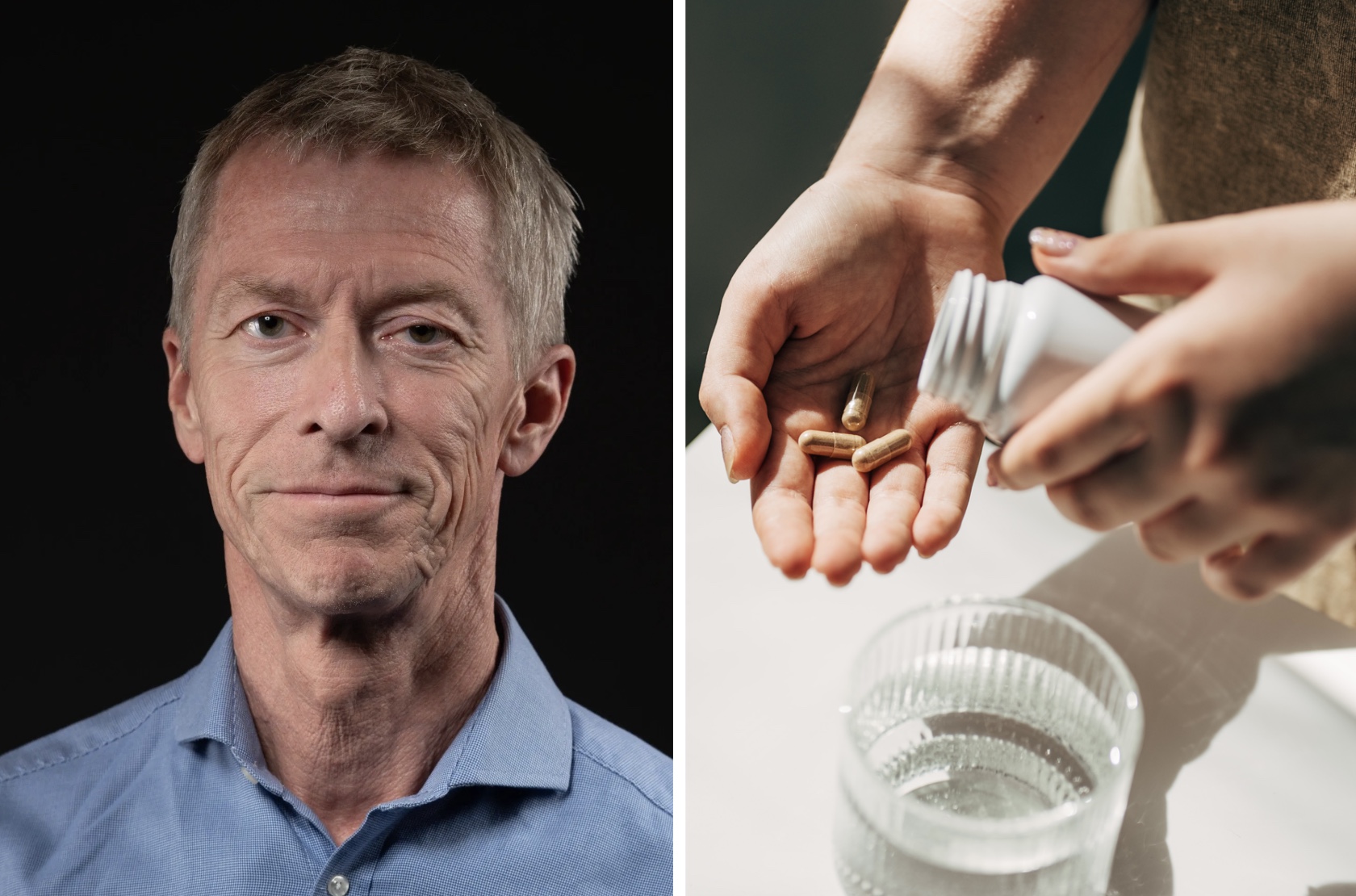 Jesper Lagergren till vänster; till höger häller händer ut kapslar från en burk bredvid ett glas vatten.