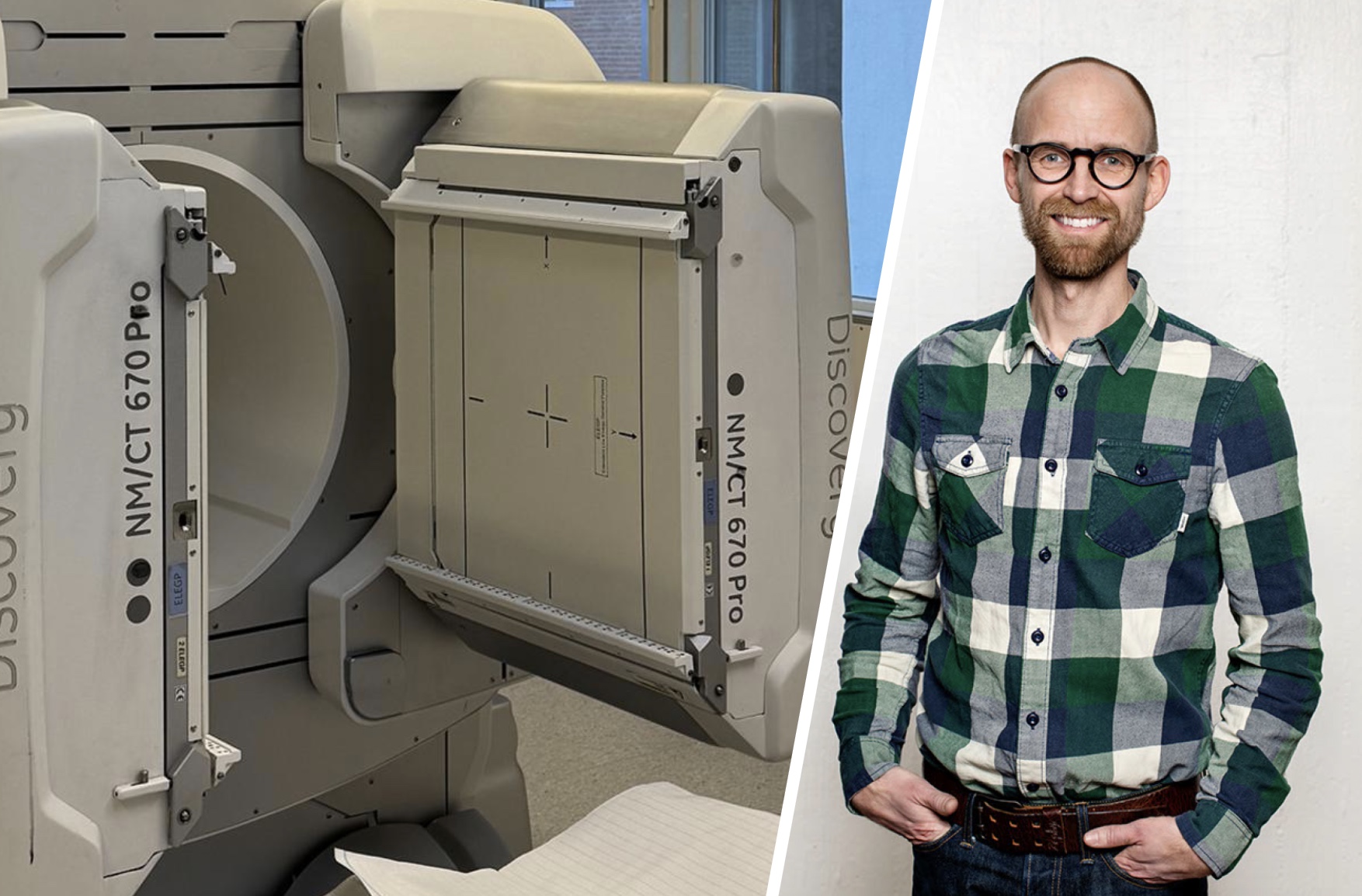 Till vänster: En medicinsk avbildningsmaskin. Till höger: Henrik Sundén.