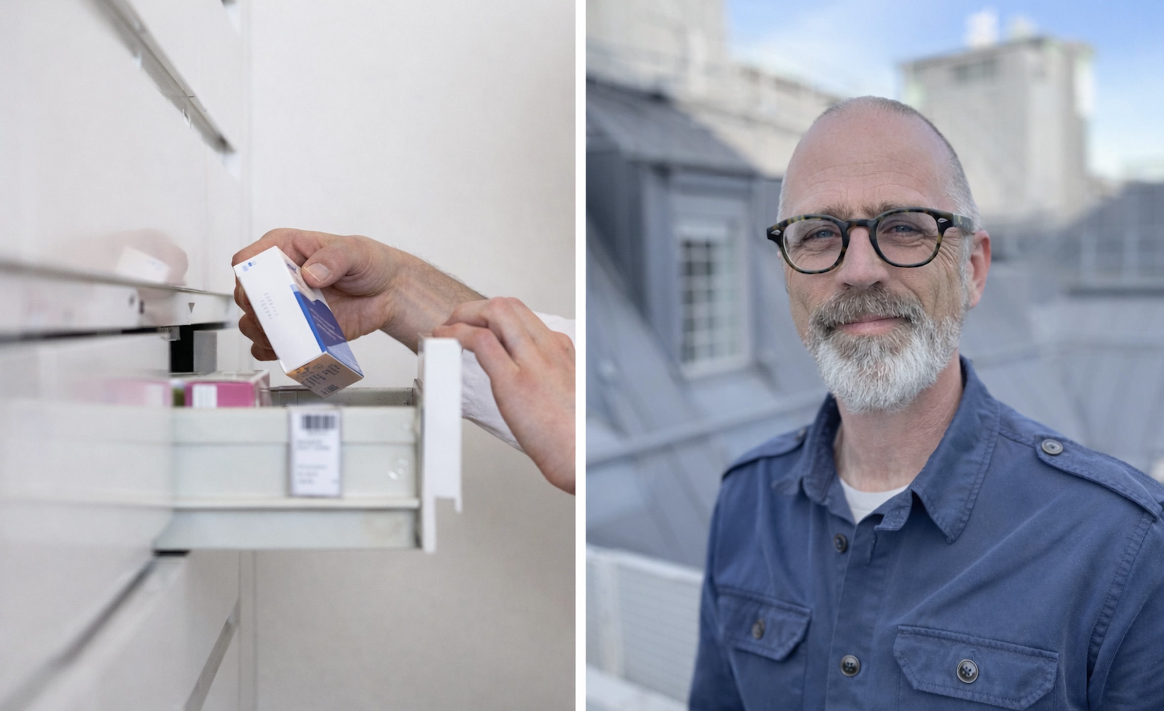 Delad bild: Vänster sida visar händer som tar en medicinask ur en låda; höger sida visar Johan Wallér.