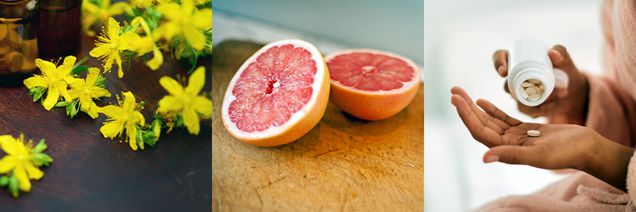 Gula blommor, en halv grapefrukt på en träyta och en hand som håller tabletter som hälls ur en vit flaska.