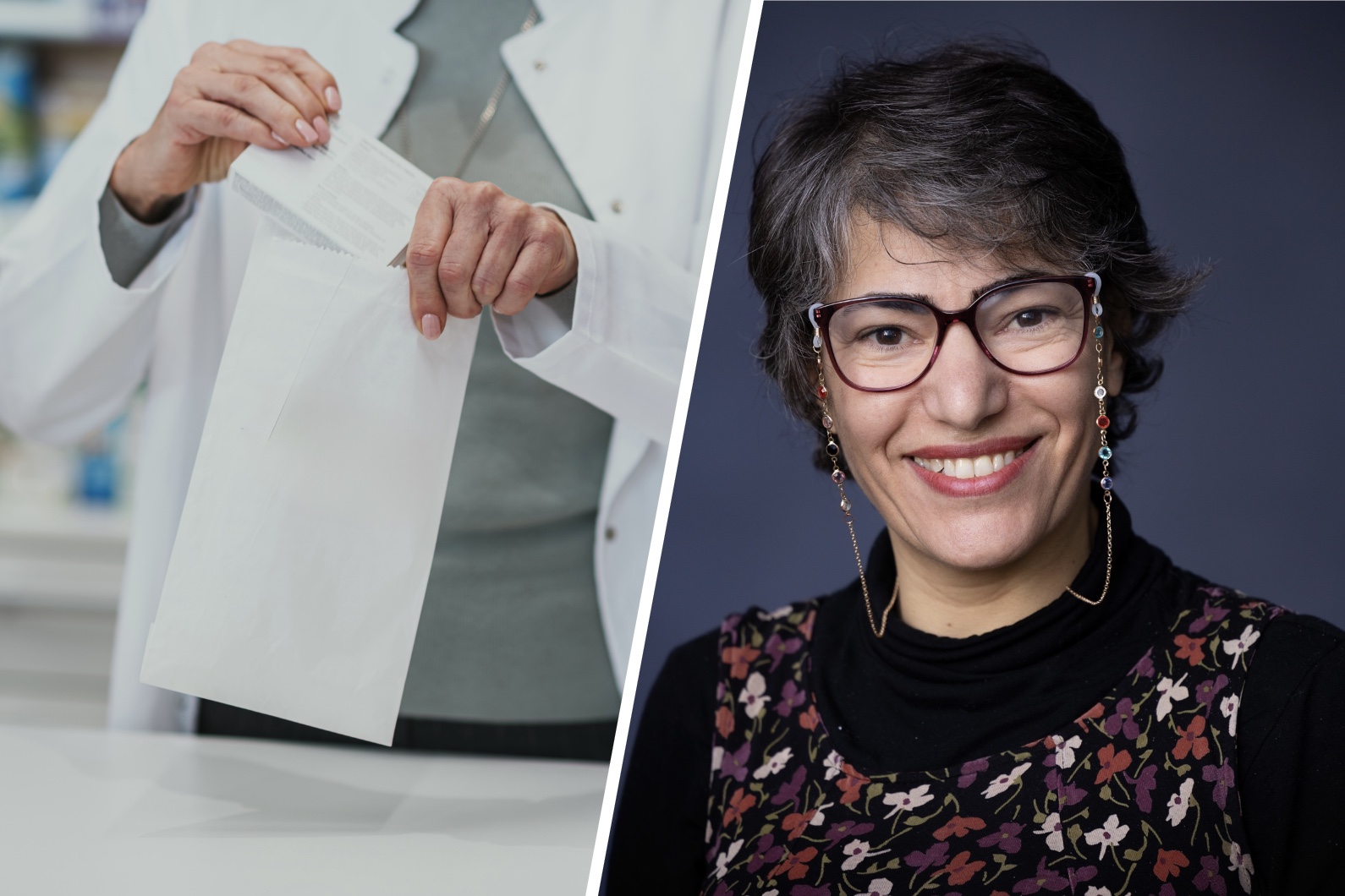 En uppdelad bild med en person som lägger ett föremål i en vit påse till vänster och en kvinna med glasögon till höger.