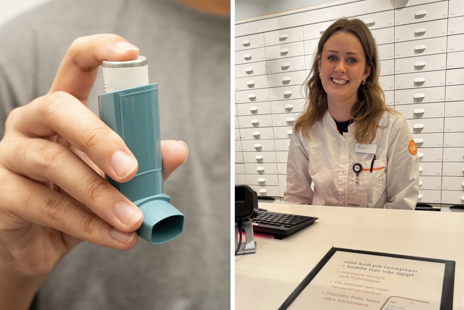 En person håller i en inhalator på en bild; på den andra sitter en farmaceut i vit rock vid ett skrivbord på ett apotek.