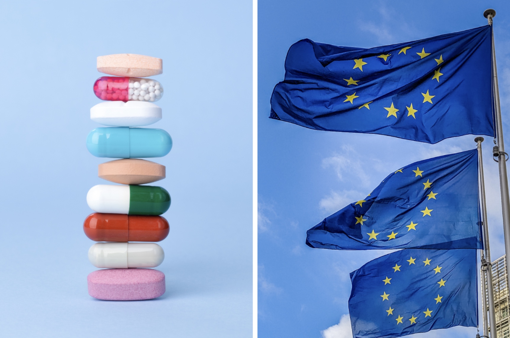 En hög med olika tabletter på en blå bakgrund bredvid tre EU-flaggor mot en blå himmel.