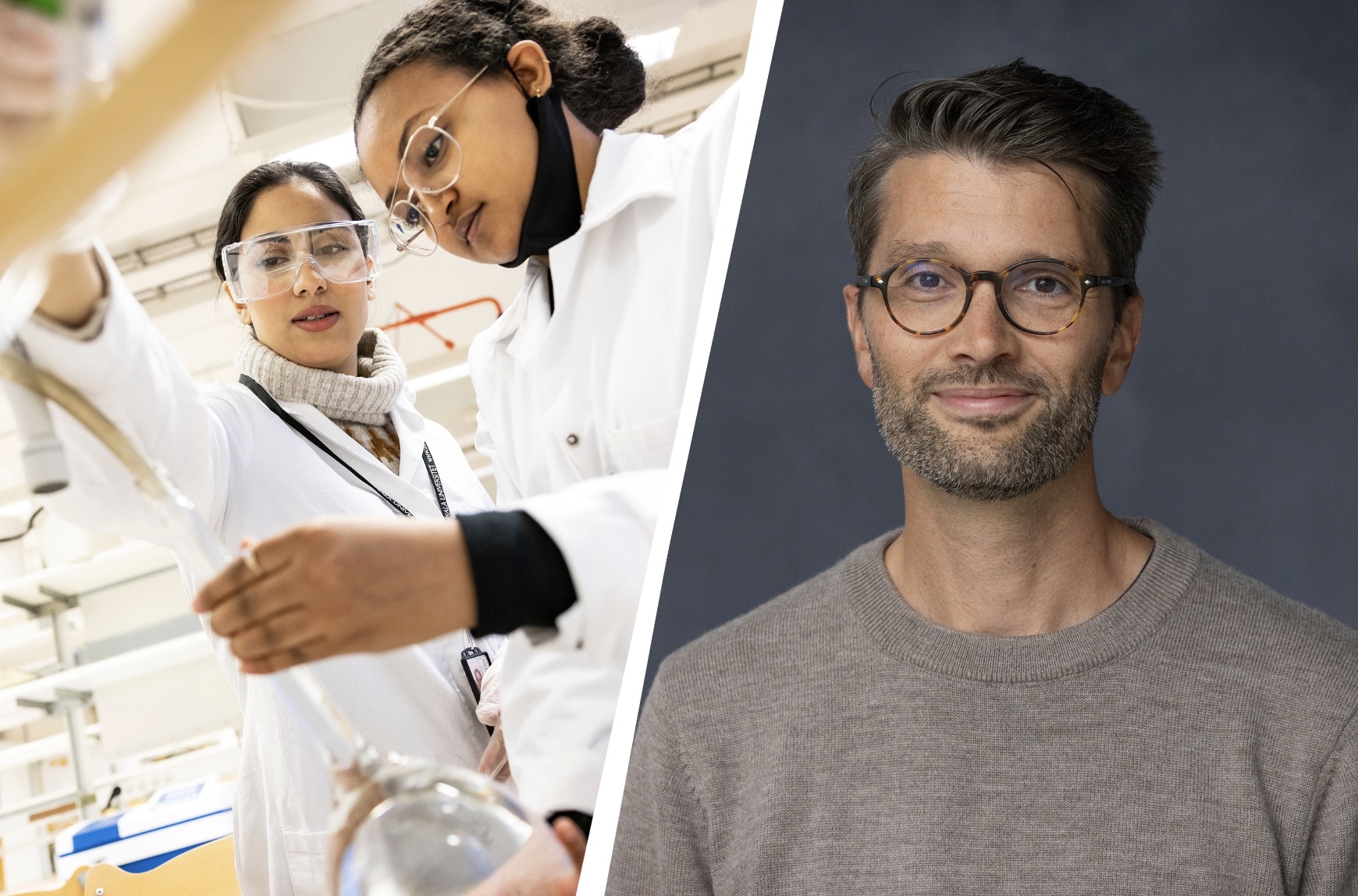 Delad bild: Till vänster arbetar två personer i labbrockar och skyddsglasögon i ett laboratorium. Till höger Fredrik Jernerén.