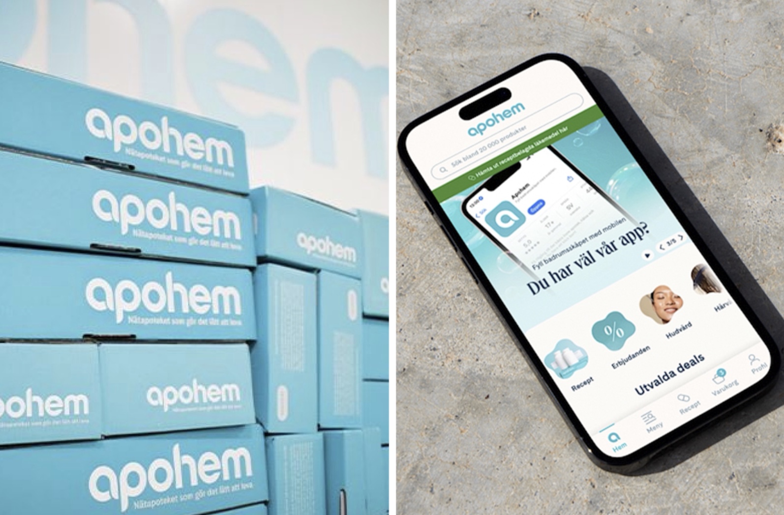 Staplade blå Apohem-lådor till vänster; en mobiltelefon med Apohems webbsida till höger, på en stenytan.