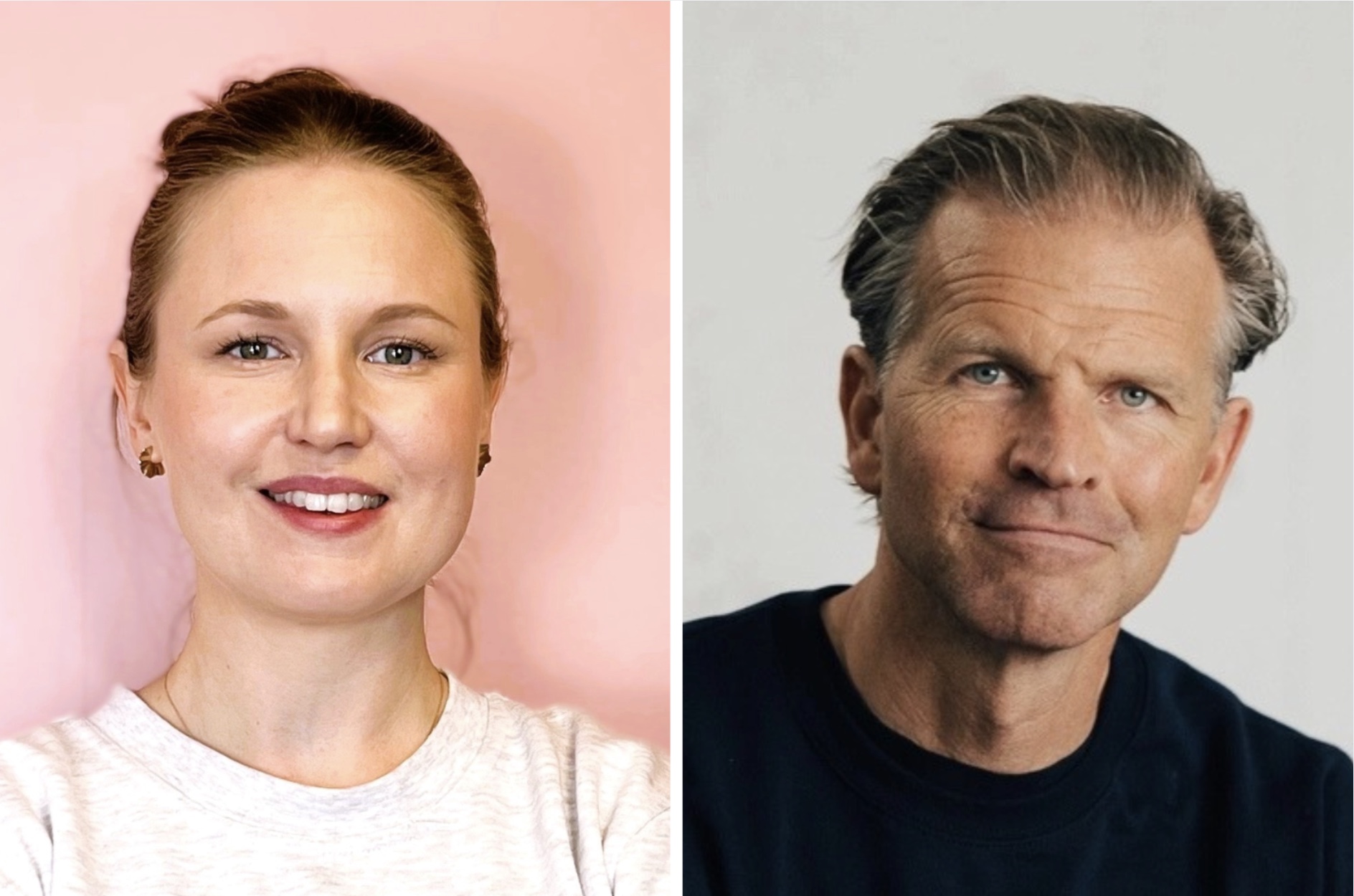 Porträtt sida vid sida av en kvinna mot rosa bakgrund och en man mot grå bakgrund; båda vända framåt och ler svagt.