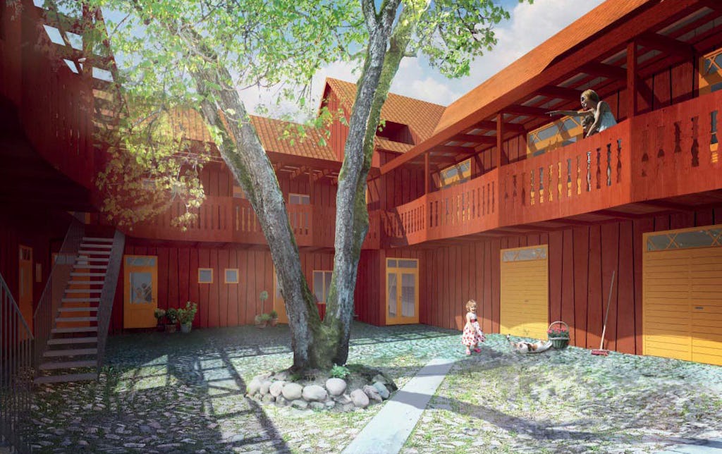 Innergården enligt Okidokis förslag till återuppbyggnad av Forssellska gården med kastanjeträdet som överlevde, liksom markbeläggningen av fältsten och en bit av källaren.