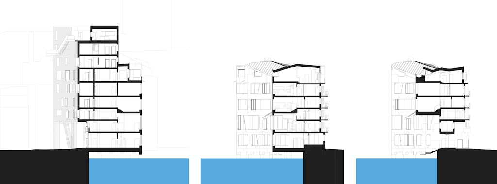 Arkitekterna har arbetat uteslutande i 3d-miljö för att skapa rum i varierande skala och ett system för att variera våningshöjderna inom lägenheterna.