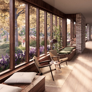 Mysigt solrum med designelement i trä, bekväma sittplatser och utsikt över en trädgård.