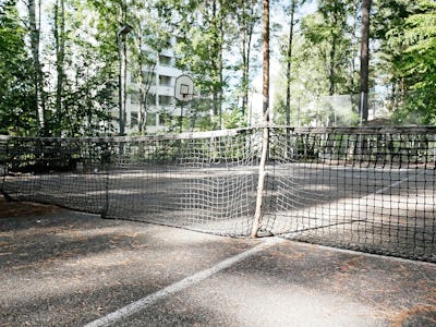 Basketplan utomhus omgiven av träd, med en asfaltyta och en nätavdelare under en ljus, solig himmel.