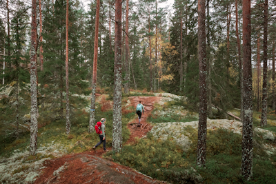 Två personer i friluftskläder går längs en skogsstig omgiven av träd och stenar med mossa.